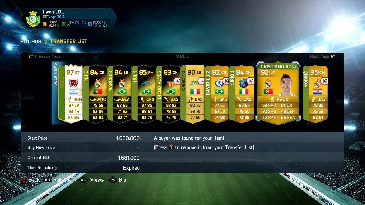 FIFA 14: Sold Ronaldo, Neymar, Pauleta, Crespo (Cause that's not me)