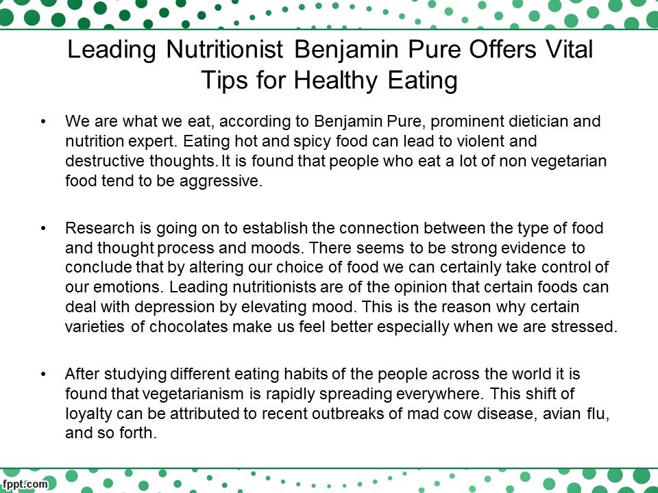 Leading Nutritionist Benjamin Pure Offers Vital Tips for Healthy Eating