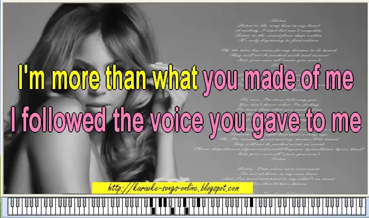 Beyonce Knowles "Listen" karaoke song and lyrics on the screen with piano