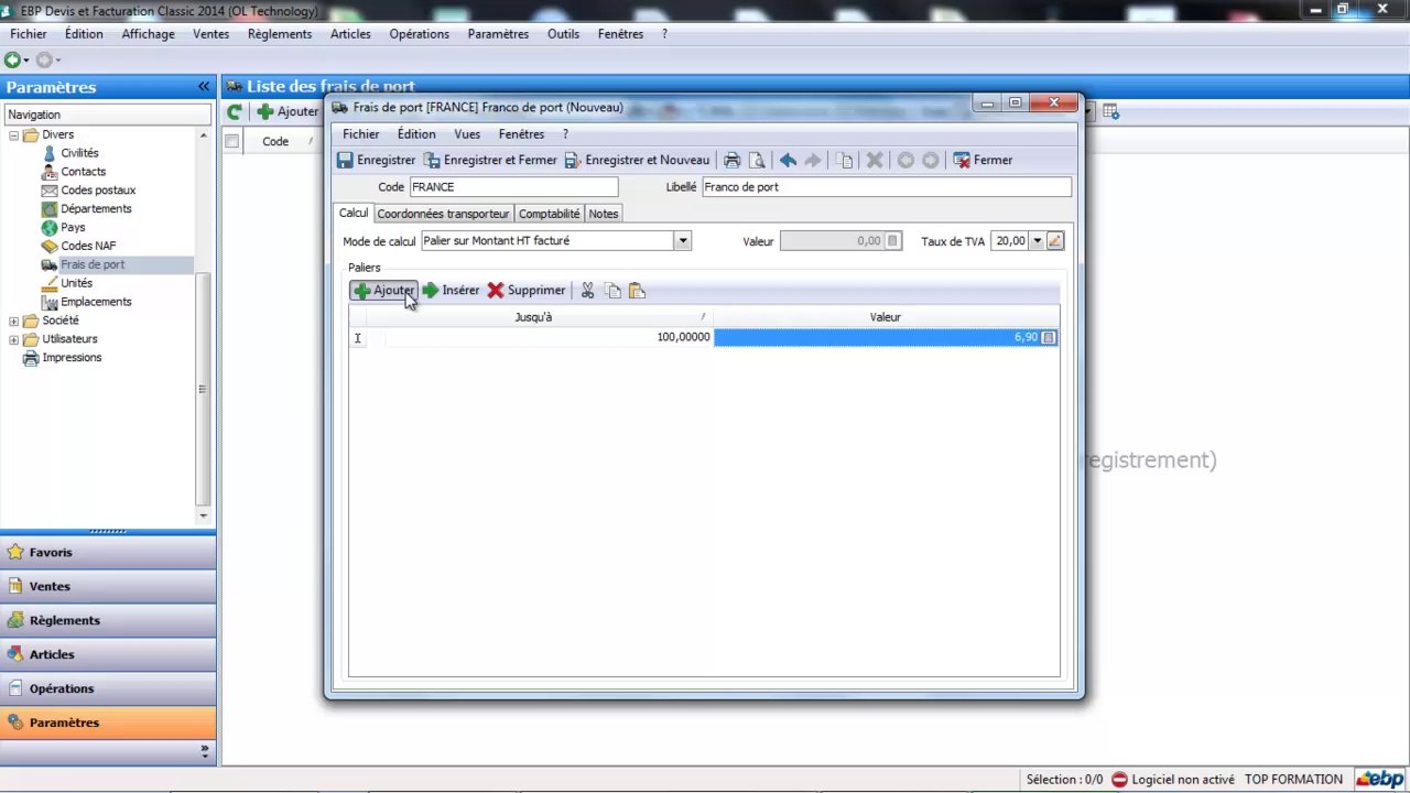 EBP devis Facturation Open Line : Paramétrage des tables