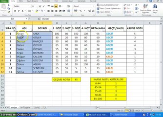 011 -  Microsoft Excel 2010 - Sınıf Başarısı Filtreler