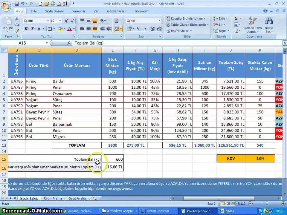 015 - Microsoft Excel 2010 - Stok Takip Veri Hesaplama