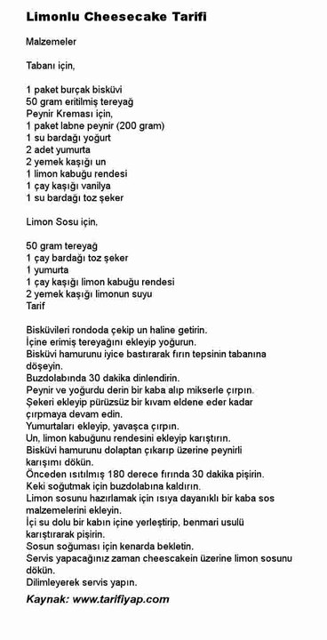 Limonlu Cheesecake Tarifi