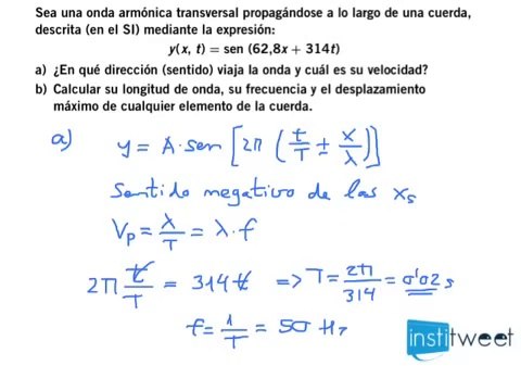 Calcula la longitud de onda, frecuencia y desplazamiento máximo de onda armónica transversal