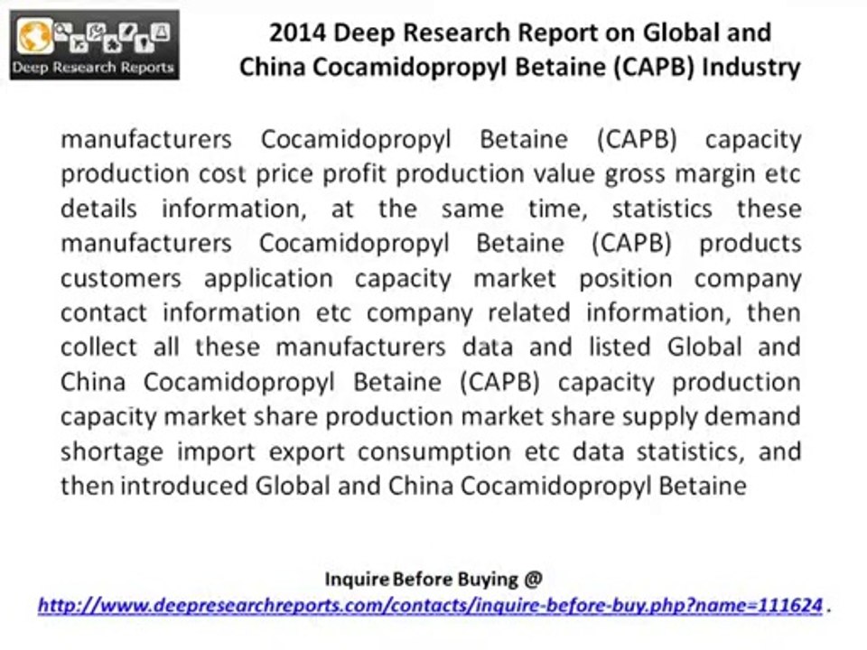 Cocamidopropyl Betaine Market 2014 across China & World- Key Manufacturers Analysis