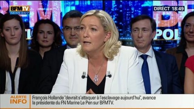 BFM Politique: L'interview de Marine Le Pen par Anna Cabana du Point - 11/05 3/6