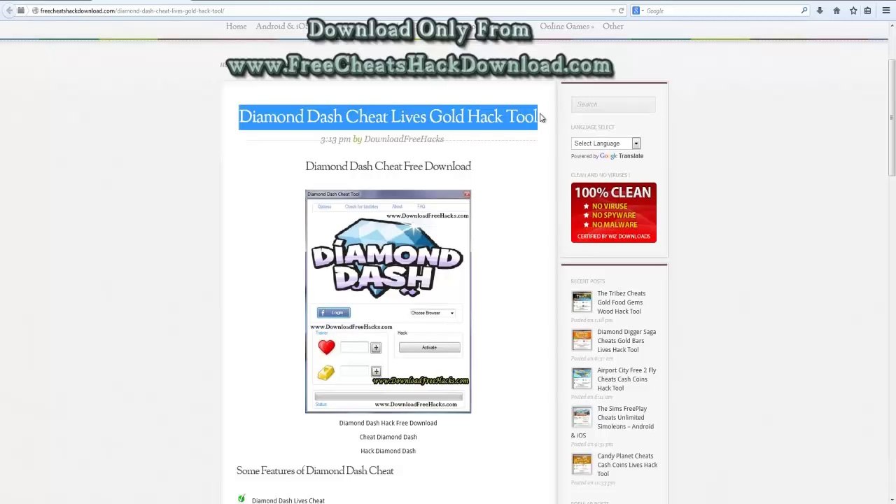 Diamond Dash Cheat Gold Lives Hack Tool 2014 Updated Video