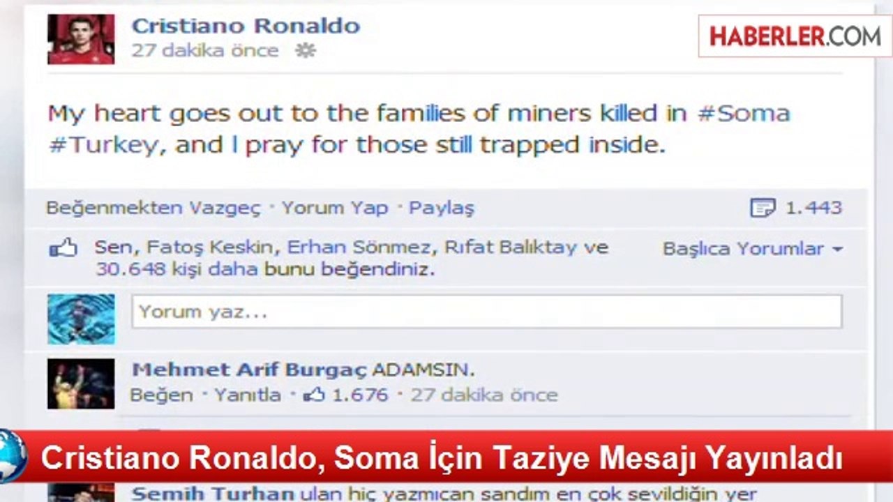 Cristiano Ronaldo, Soma İçin Taziye Mesajı Yayınladı