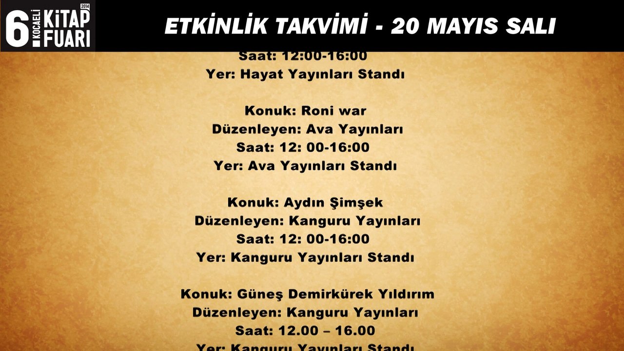 KOCAELİ KİTAP FUARI 20 MAYIS ETKINLİK TAKVİMİ