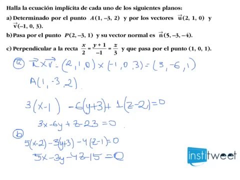 Ecuacion implicita de planos determinados por puntos, vectores y vector normal