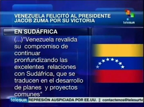Venezuela felicitó al presidente electo de Sudáfrica Jacob Zuma