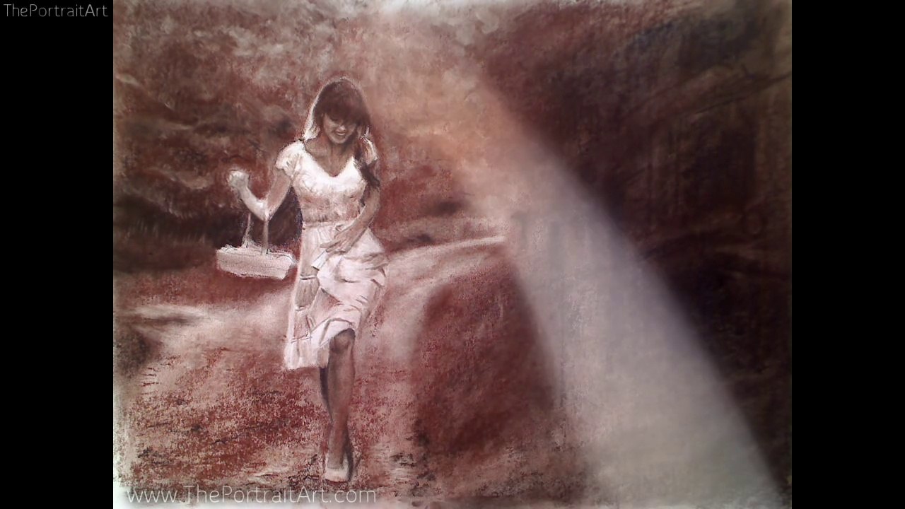 Pastel Drawing - Girl on Autumn Path - Art Video