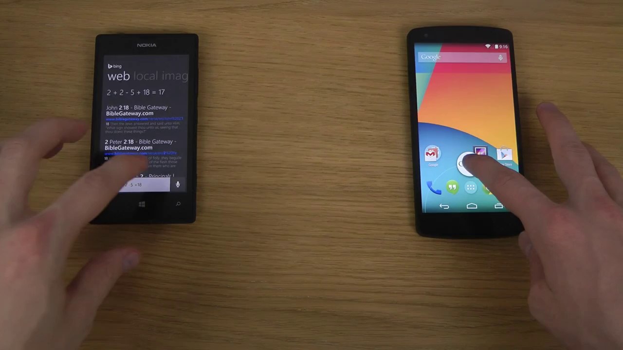 Nokia Lumia 520 Windows Phone 8.1 Cortana vs. Google Nexus 5 4.4 KitKat Google Now
