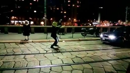 Alien lends a helping hand to older pedestrian