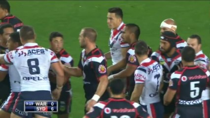 Konrad Hurrell looks for a fight with Sonny Bill Williams - Roosters V Warriors 2013