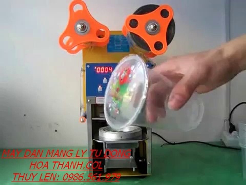 máy ép miệng ly trà sữa tự động, máy dập nắp cốc tự động