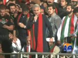 Shah Mehmood Qureshi on stage to address the crowd of his hometown Multan.-Geo Reports-10 Oct 2014