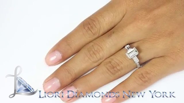 Emerald Cut Three Stone Diamond Engagement Ring Set In Platinum