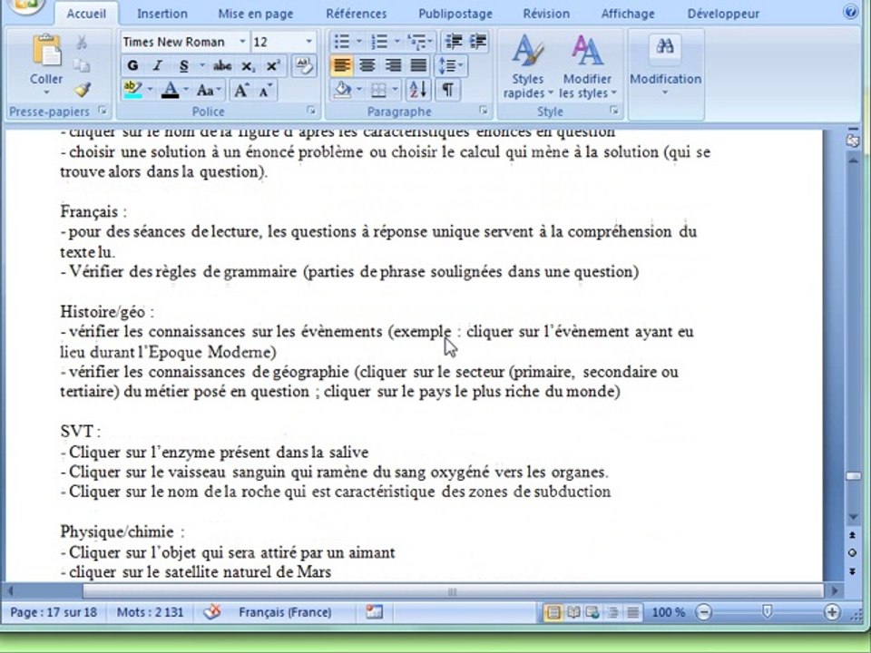 logiciel interactif : questions à réponse unique