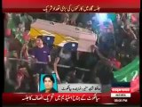 PTI Supporters carrying symbolic coffin of GEO Tv in Pti sialkot Jalsa