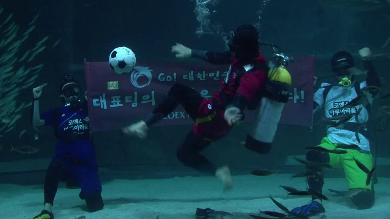 Mondial: à Séoul, un plongeur joue au foot... dans un aquarium