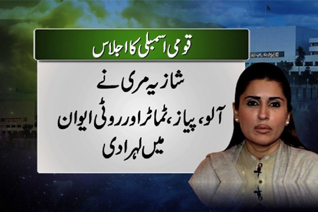 Dunay news - PPP's Shazia Marri waves potato, onion, tomato to make her point on budget speech in NA