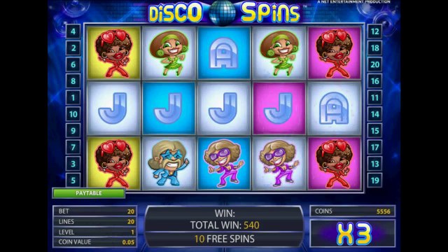 Disco Spins video slot machine Netent free spins bonus game big win online casino