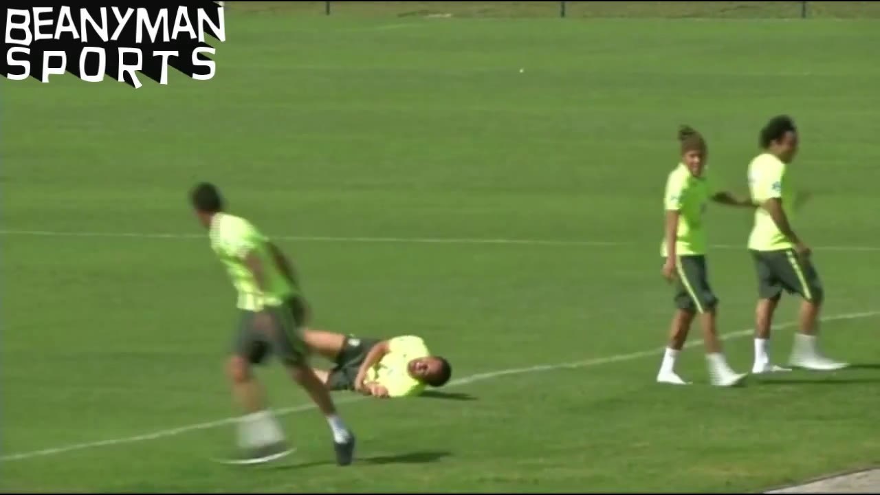 World Cup 2014 -  Neymar & Marcelo Drag Fred Across The Brazil Training Pitch