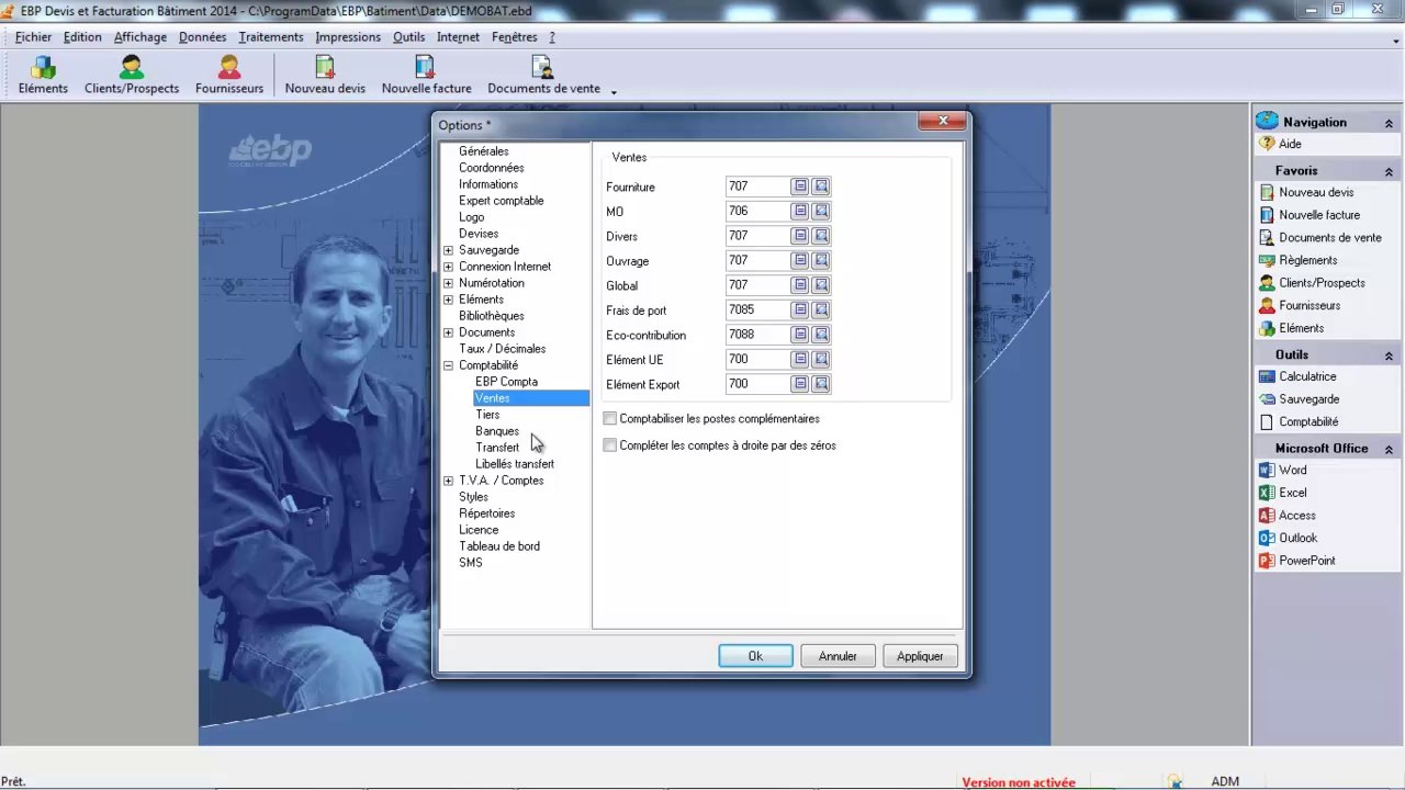 EBP Devis Facturation Bâtiment : Les options du dossier