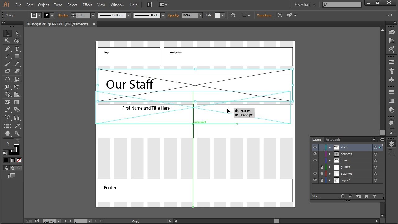 Wireframing elements for the staff page