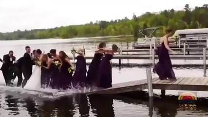 Wedding Party fall in Lake