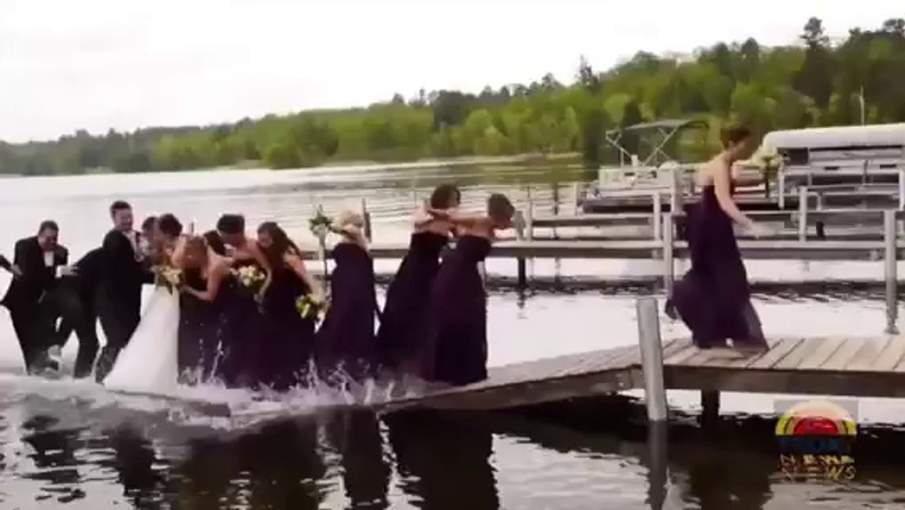 Wedding Party fall in Lake