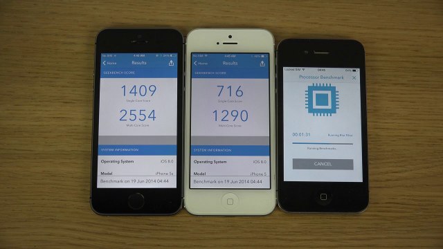 iPhone 5S iOS 8 Beta 2 vs. iPhone 5 iOS 8 Beta 2 vs. iPhone 4S iOS 8 Beta 2 - Benchmark Speed