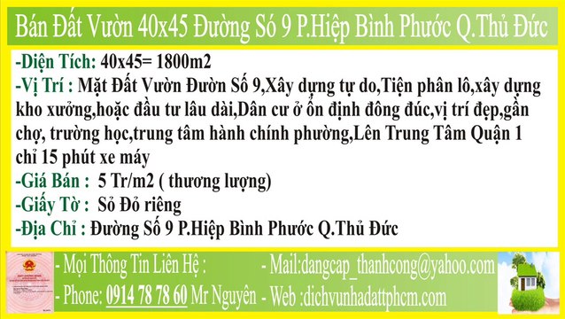 Bán Đất Vườn,40x45,Đường Só 9 Phường Hiệp Bình Phước Quận Thủ Đức,PHBP,FHBP,P.HBP,F.HBP,MT,HXH,P.Hiệp Bình Phước,F.Hiệp Bình Phước,Q.Thủ Đức,