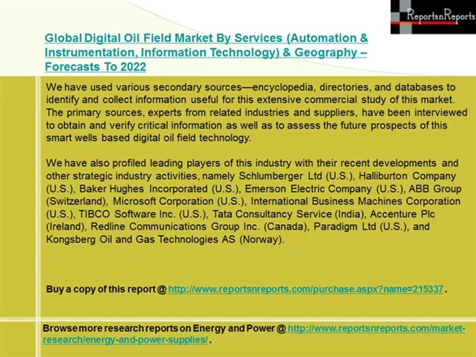 World Digital Oil Field Market Forecasts To 2022