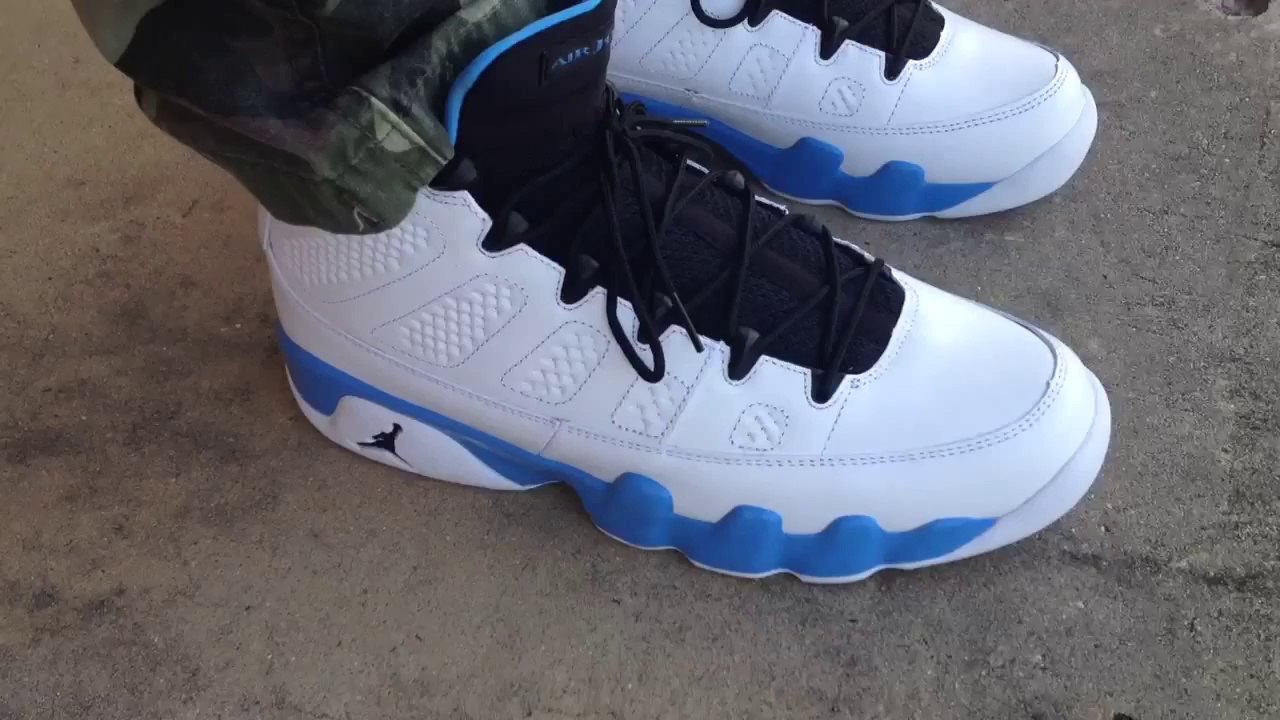 jordan 9 university blue on feet