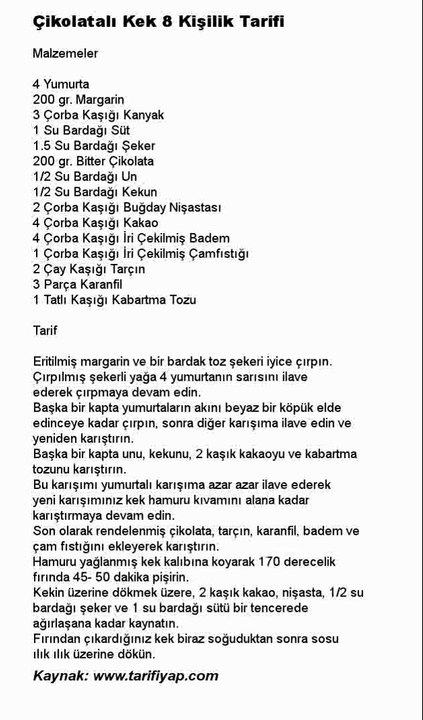 Çikolatalı Kek 8 Kişilik Tarifi
