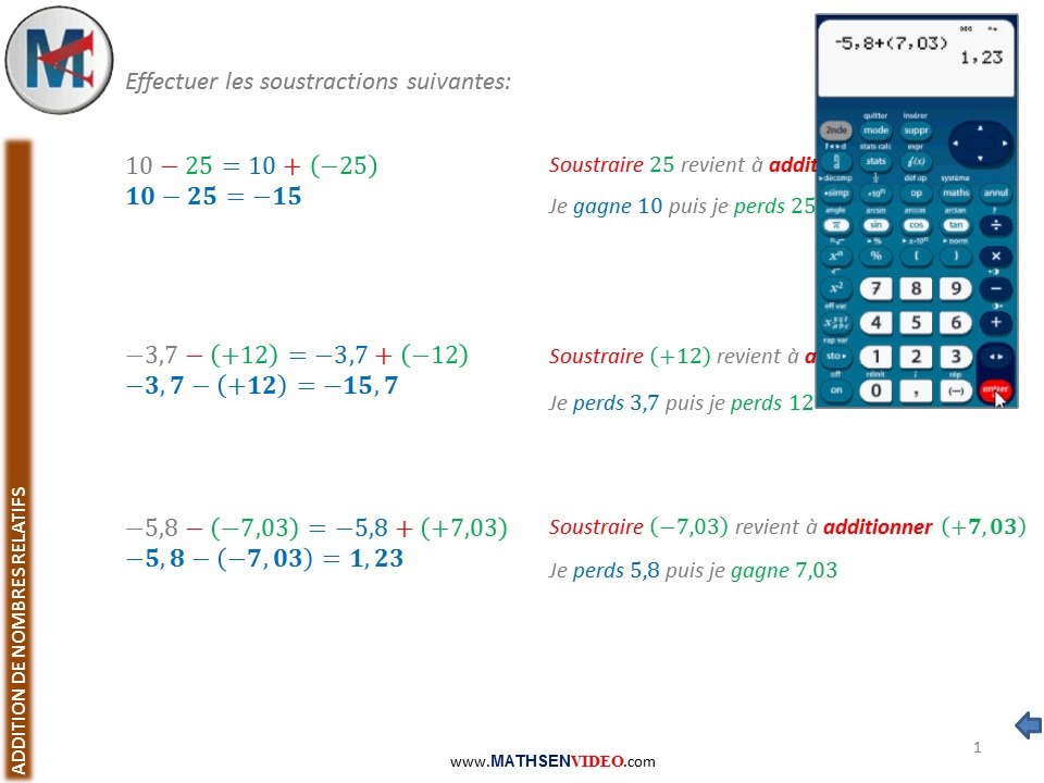 Exercice: Soustraction de nombres relatifs