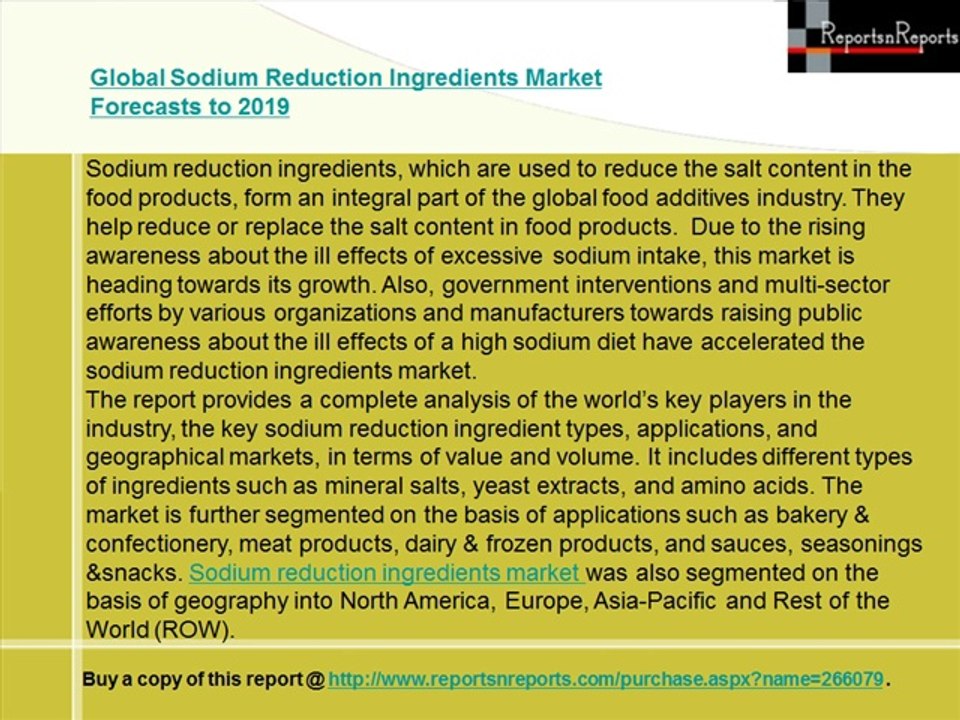 Global Sodium Reduction Ingredients Market Forecasts to 2019