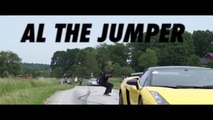 Guy jumps over speeding Lamborghini (130kmh)  Slow motion