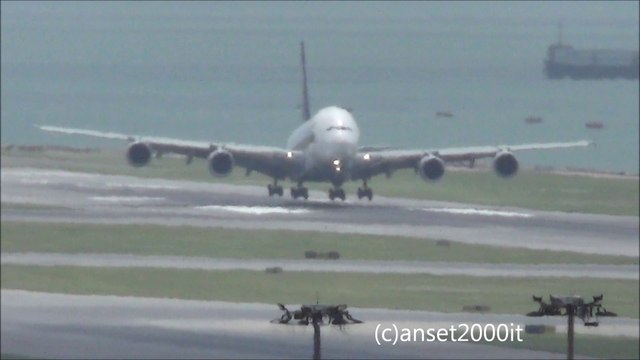 Airbus A380 Singapore Airlines Landing in Hong Kong International Airport. Great View of the Whole Airport