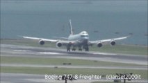 Hong Kong Airport. Cathay Pacific Cargo Boeing 747-8 freighter and 747-400 freighter Landing