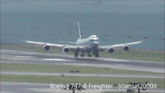 Hong Kong Airport. Cathay Pacific Cargo Boeing 747-8 freighter and 747-400 freighter Landing