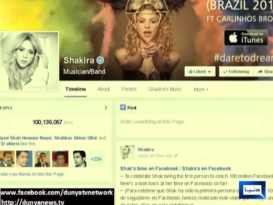 Shakira sets new Facebook world record after reaching 100 million likes