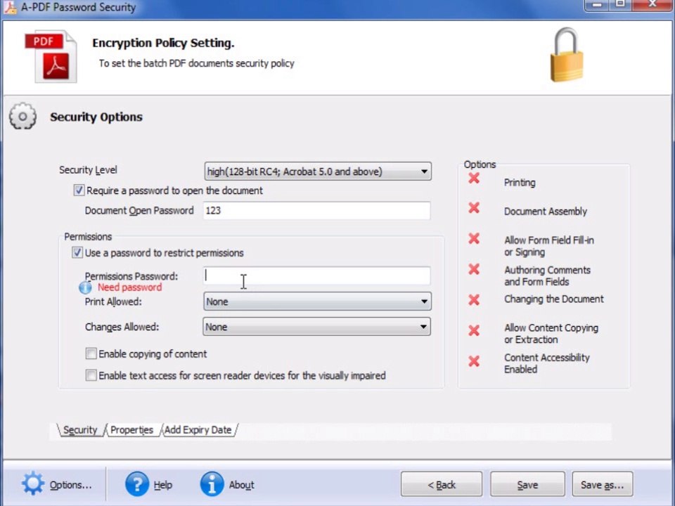 pdf secure tool-apply password and set permissions for pdf