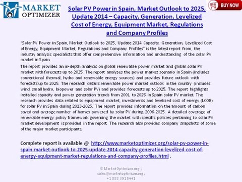 Spain Solar PV Power Market Analysis by Capacity, Generation, Equipment and Forecasts to 2025