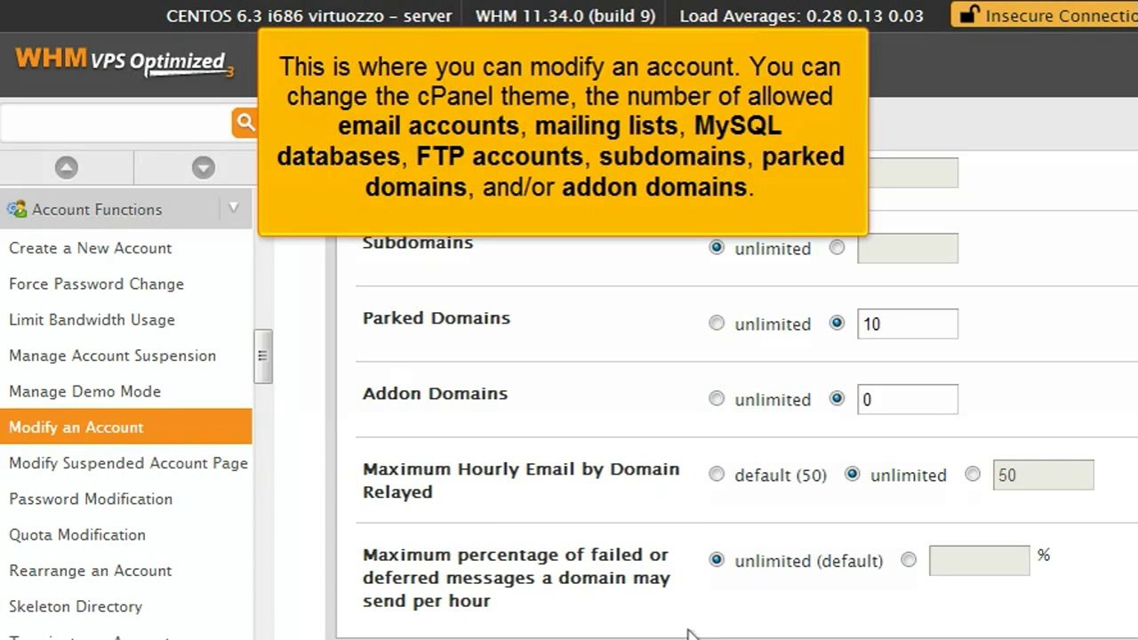 How to modify an account in WHM