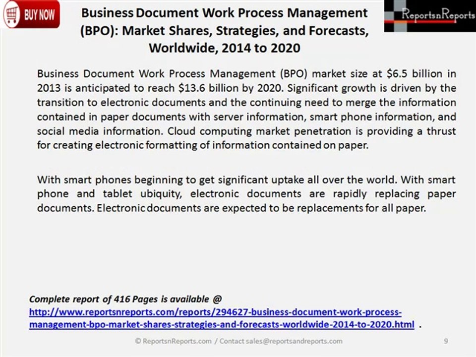 Business Document Work Process Management (BPO) Market Shares, Strategies, and Forecasts, Worldwide, 2014 to 2020