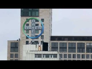 Bayer AG building with spinning logo in Berlin, Germany