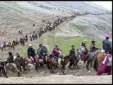 Queue of pilgrims on ponies en route Amarnath cave